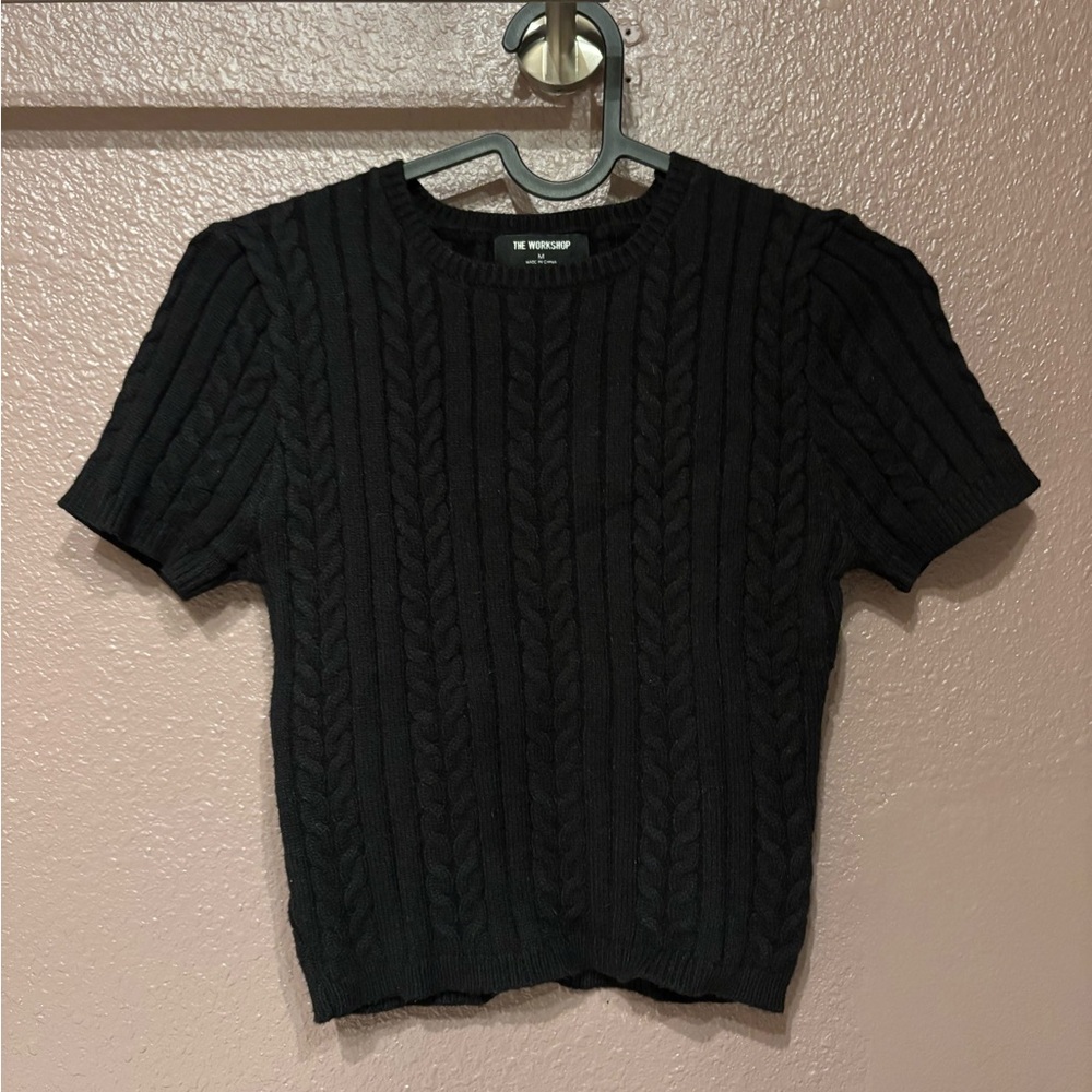 The Workshop Black Cable Knit Short Sleeve Sweater